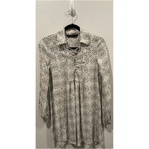 ZARA White Grey Bandana Print Lace Up Neckline Long Sleeve Blouse